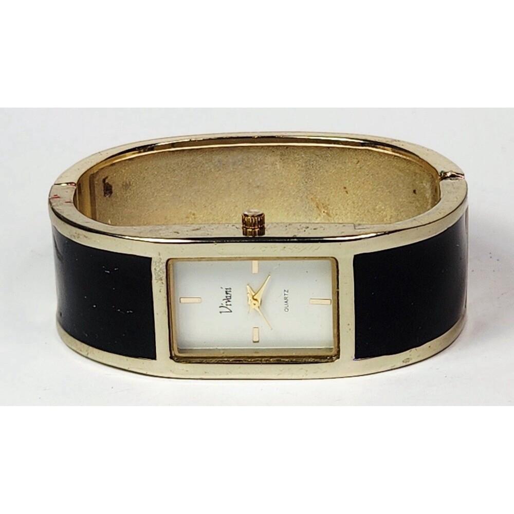 Vintage Vivani Black And Gold Tone Hinged Cuff Bracelet Watch New Battery